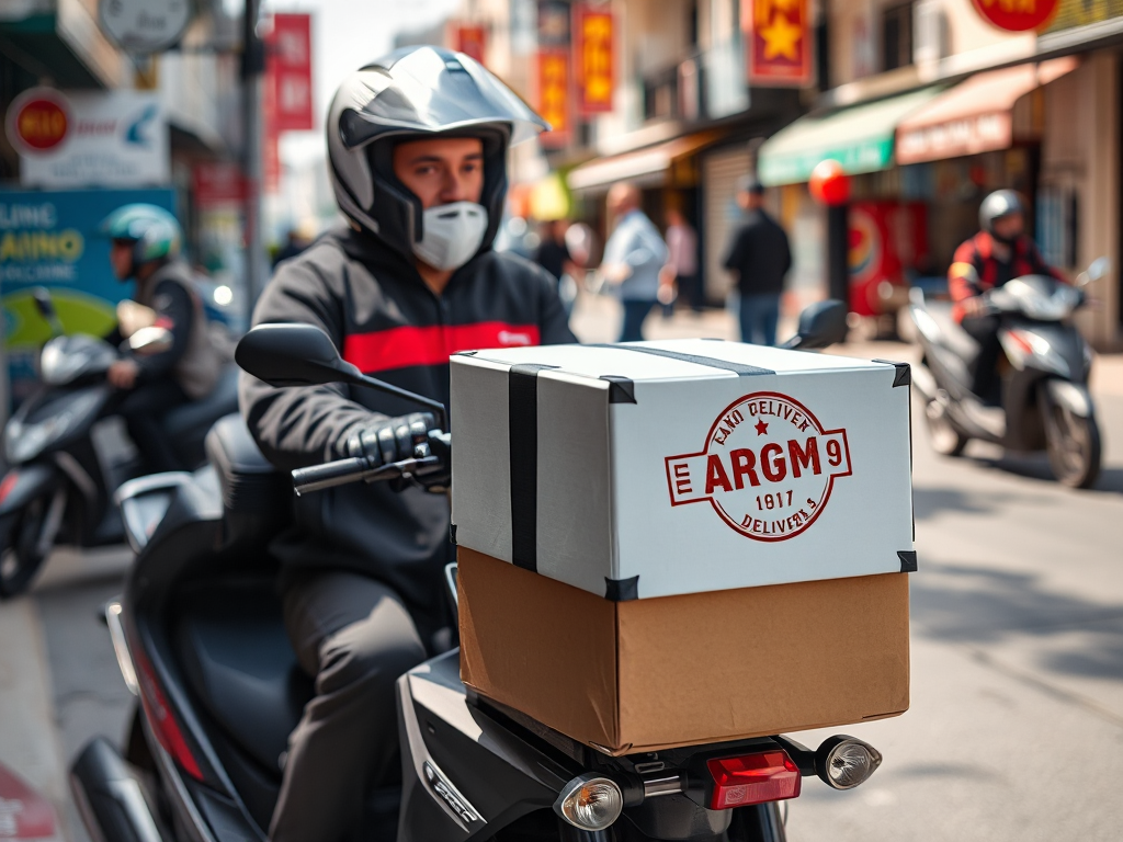 Dịch vụ giao nhận con dấu khẩn cấp tại Hà Nội với nhân viên giao hàng trên xe máy hiện đại, đường phố đông đúc và nắng đẹp, đảm bảo đặt con dấu lấy gấp đúng hẹn