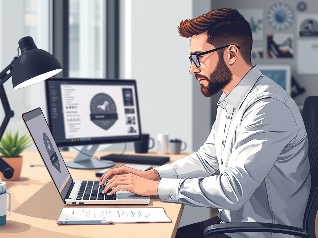 Nhà thiết kế chuyên nghiệp đang làm việc trên máy tính xách tay với phần mềm thiết kế con dấu, biểu cảm tập trung, bàn làm việc văn phòng hiện đại, ánh sáng tự nhiên từ cửa sổ
