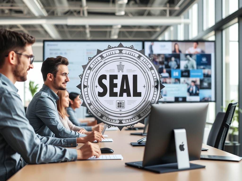 Nhóm nhân viên văn phòng chuyển đổi con dấu truyền thống sang e-seal số, làm việc trên máy tính với màn hình hiển thị quy trình số hóa, ánh sáng tự nhiên trong không gian chuyên nghiệp